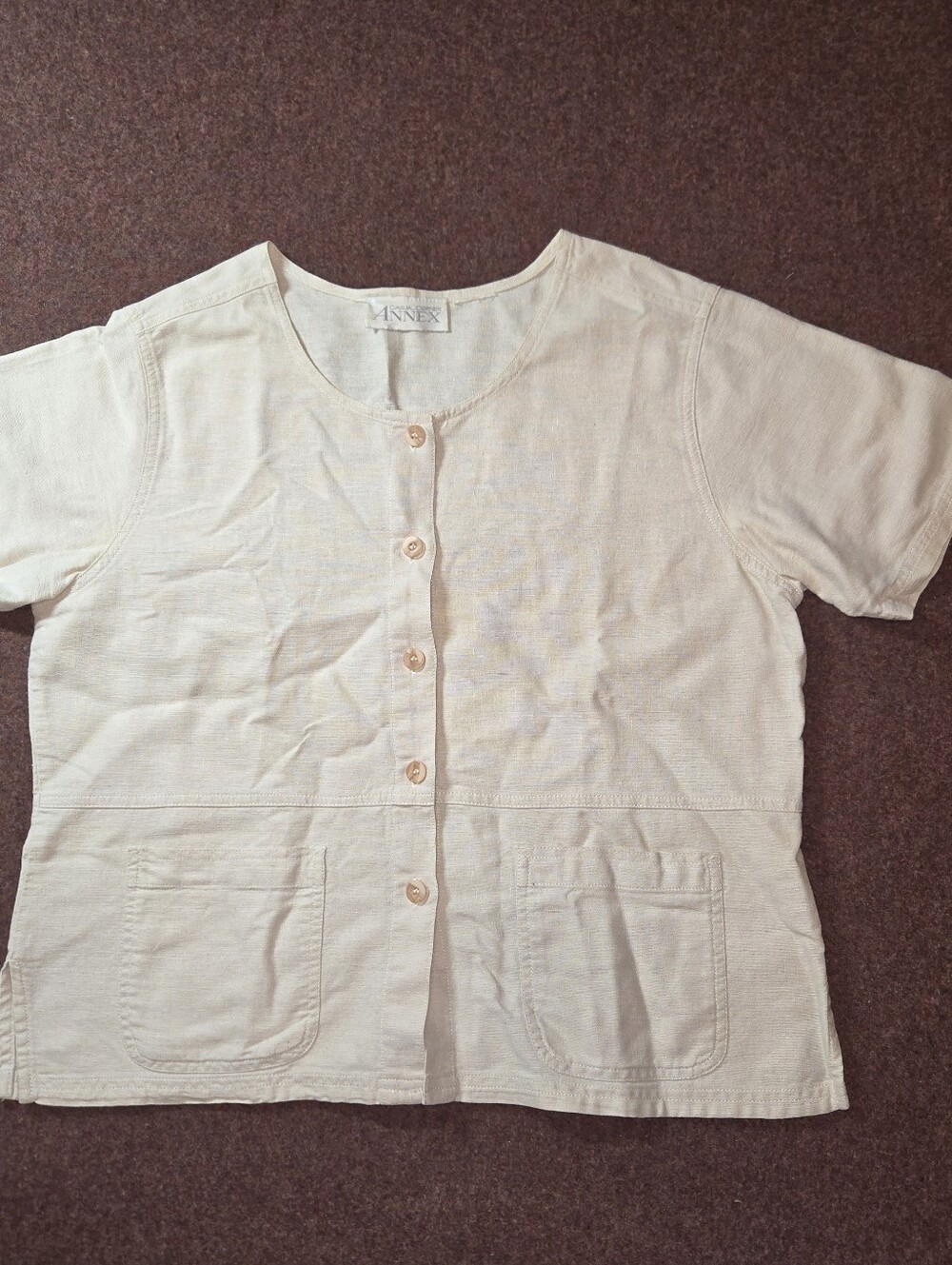Vintage Casual Corner Annex Cream Short-sleeve Linen-blend Button-down Shirt L
